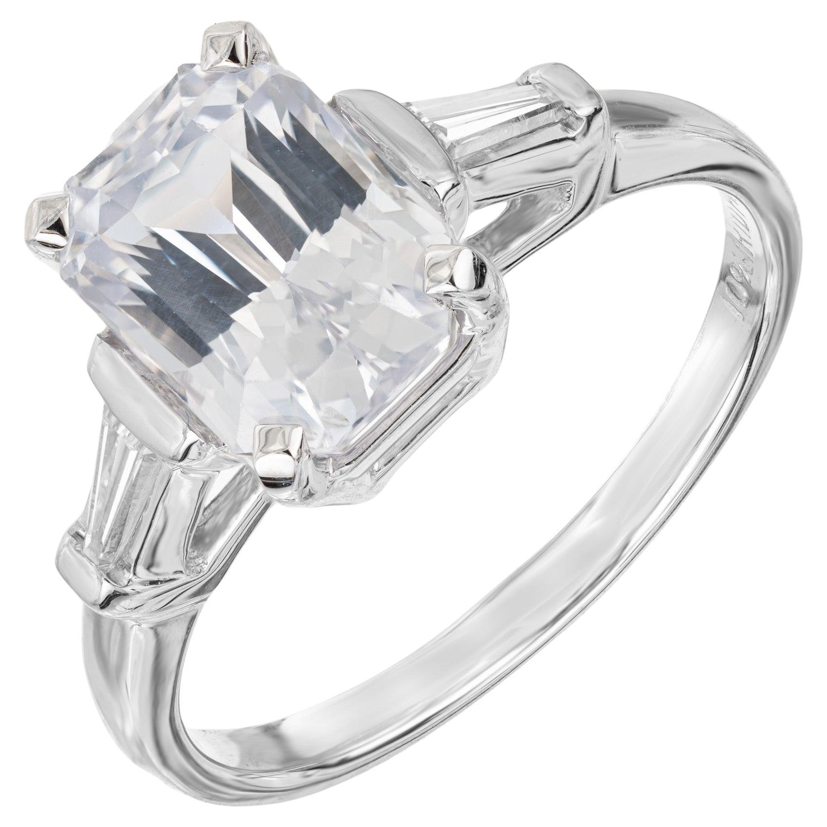 GIA 3.18 Carat Natural White Sapphire Diamond Platinum Engagement Ring For Sale