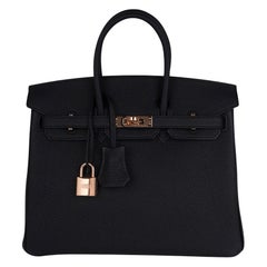 Hermes Birkin 25 Bag Black Togo Leather Rose Gold Hardware 