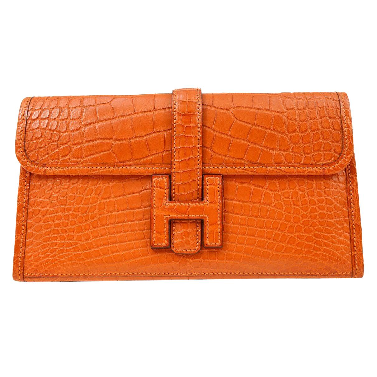 Hermes Orange Matte Alligator Exotic  'H' Logo Envelope Evening Clutch Bag For Sale