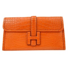 Hermes Orange Matte Alligator Exotic  'H' Logo Envelope Evening Clutch Bag