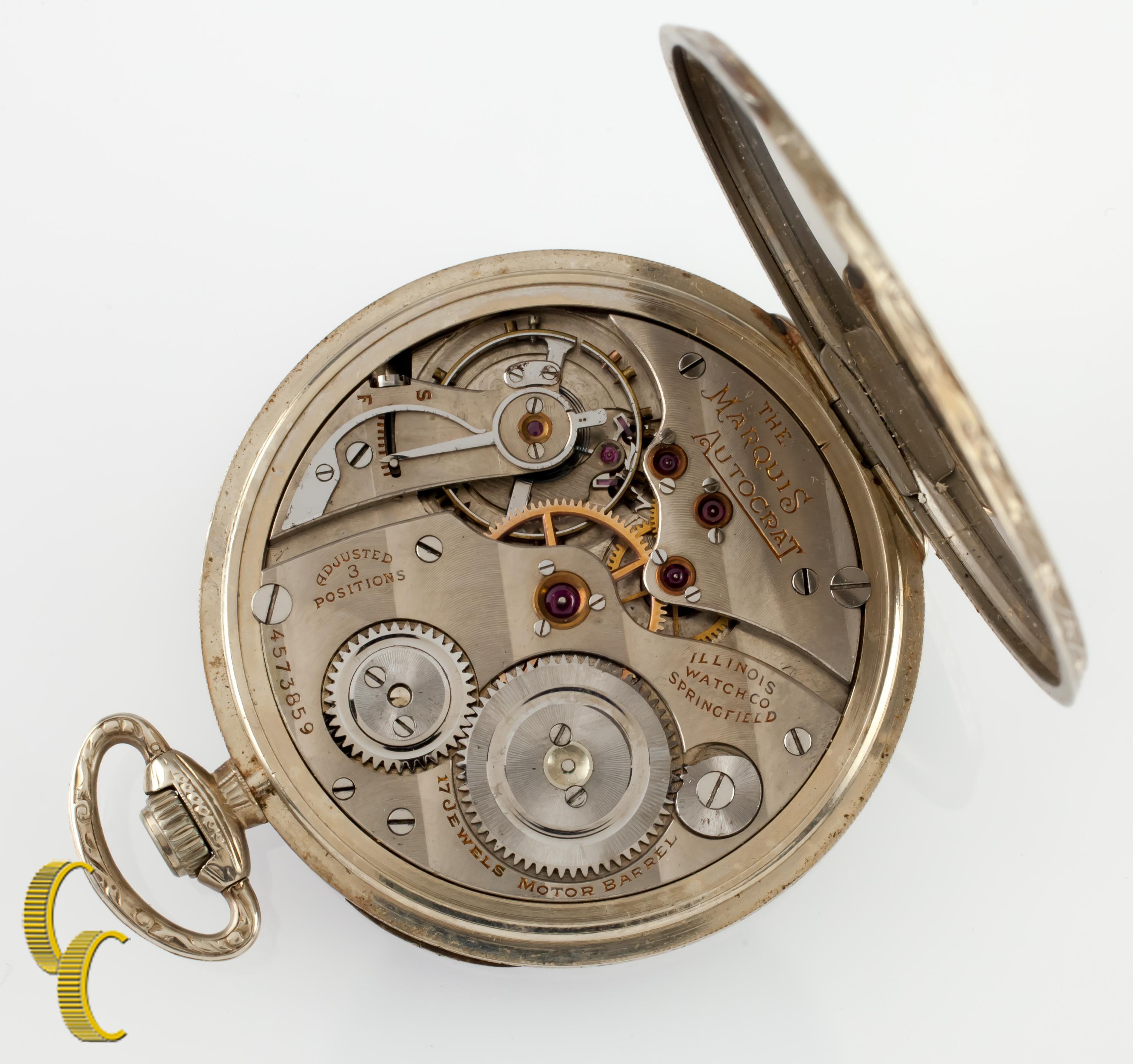 Beautiful Antique Illinois Watch Co. Pocket Watch w/ Discolored Dial 
14KT White Gold Case w/ Intricate Hand-Etched Design on Case 