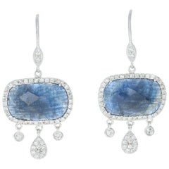 Meira T Sapphire & Diamond Halo Earrings, 14 Karat Gold Dangle Pierced 12.51ctw