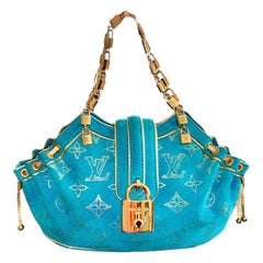 LOUIS VUITTON Limited Edition Aqua Suede & Gold LV Monogram Lock Evening Bag 