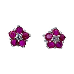 Ruby Diamond Forget Me Not Flower Earrings Retro 14 Karat White Gold