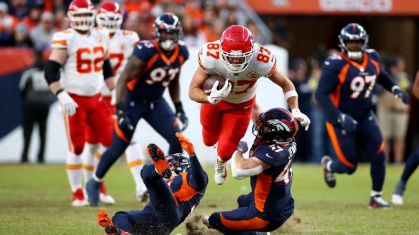 Travis Kelce of the Kansas City Chiefs runs with the ball after a catch in the second half of a game against the Denver Broncos 