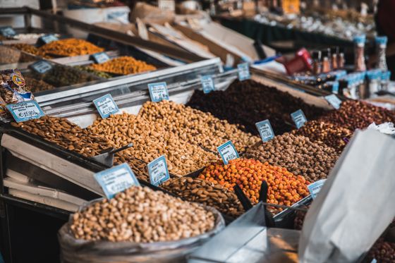 local food on display at a street market in athens