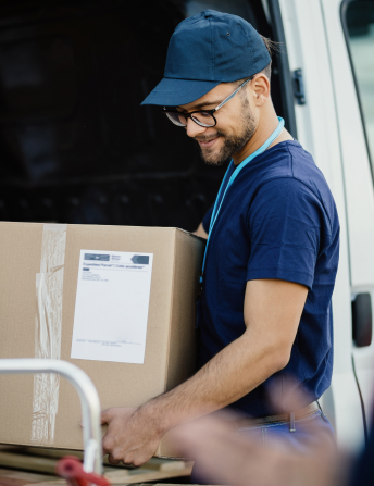 young manual worker unloading cardboard boxes from delivery van