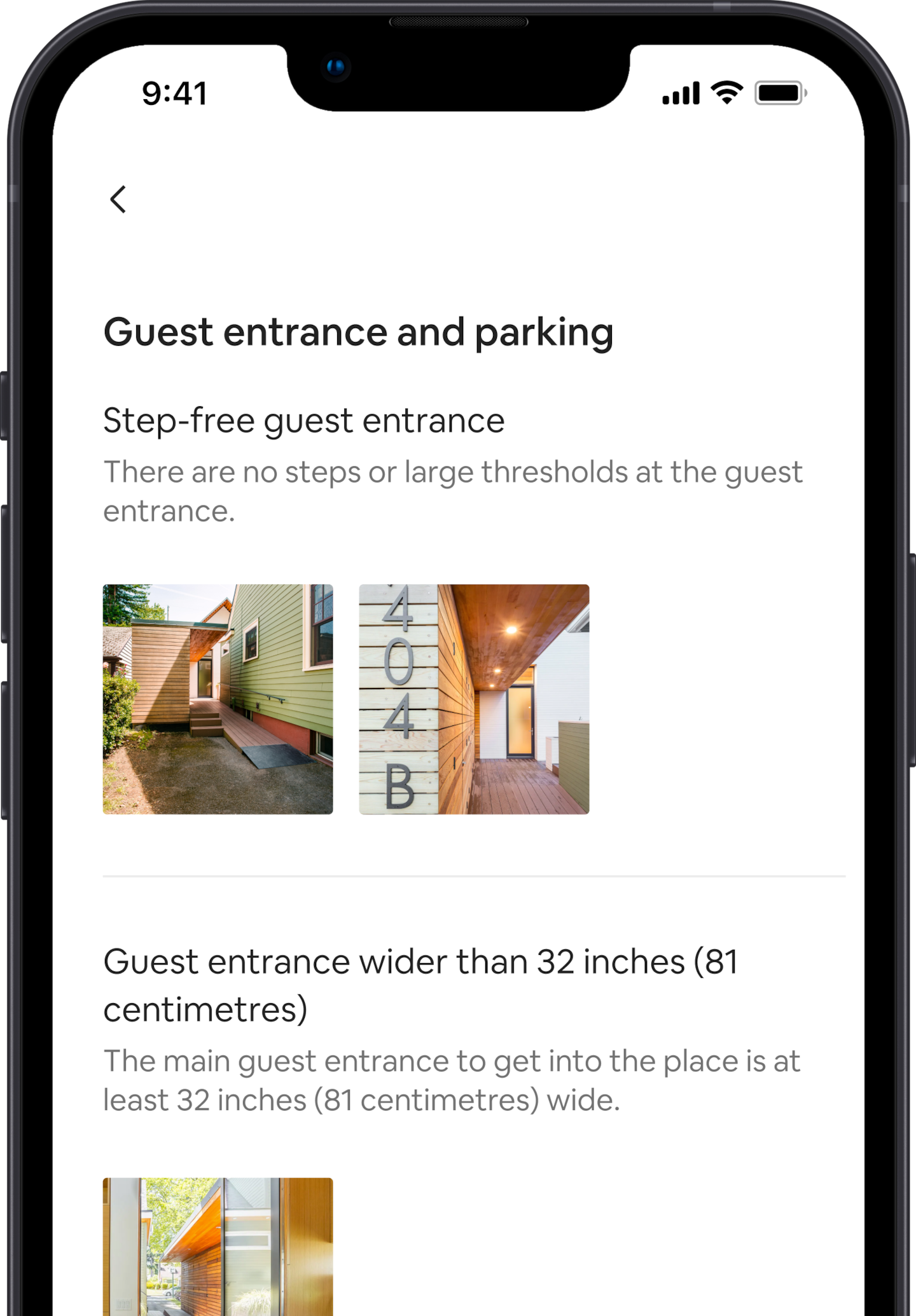 A mobile phone displays a group of accessibility features for an Airbnb listing. The first feature reads “step-free guest entrance”, with images below that correspond to the feature. Underneath is another accessibility feature that reads “guest entrance wider than 32 inches”, with an image below corresponding to the feature.