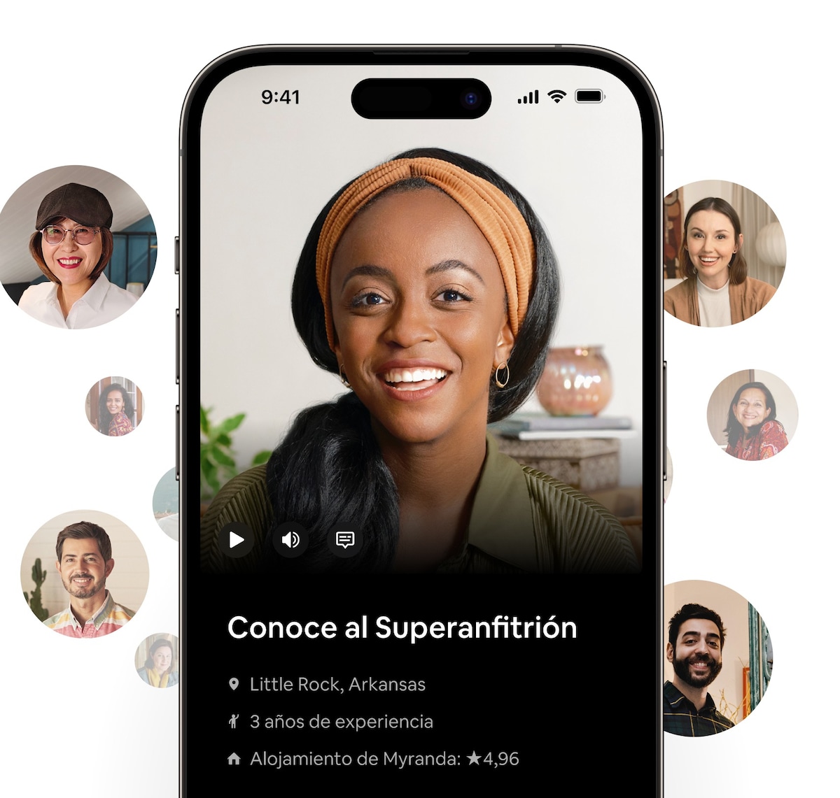 Un Superanfitrión sonriente en la aplicación de Airbnb. El texto nos informa que su nombre es Myranda, tiene tres años de experiencia como anfitriona en Little Rock y su calificación en Airbnb es de 4,96 de 5 estrellas.