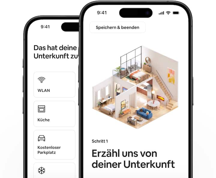 Zwei Telefone übereinander gestapelt. Eines zeigt den ersten Schritt zum Inserieren einer Unterkunft, das andere zeigt Ausstattung, die Gastgeber:innen auswählen können.