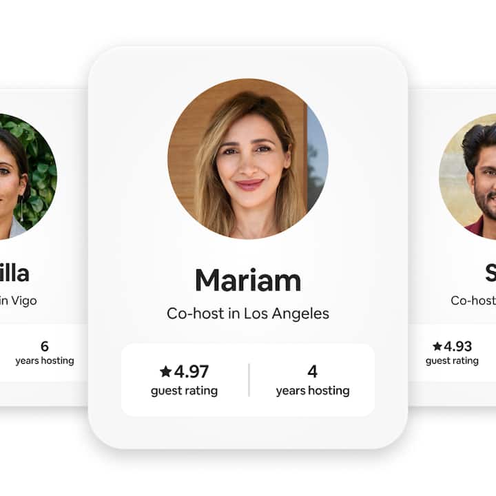 A series of co-host profile cards featuring each hosts’ photo, name, location, guest rating and years of experience.