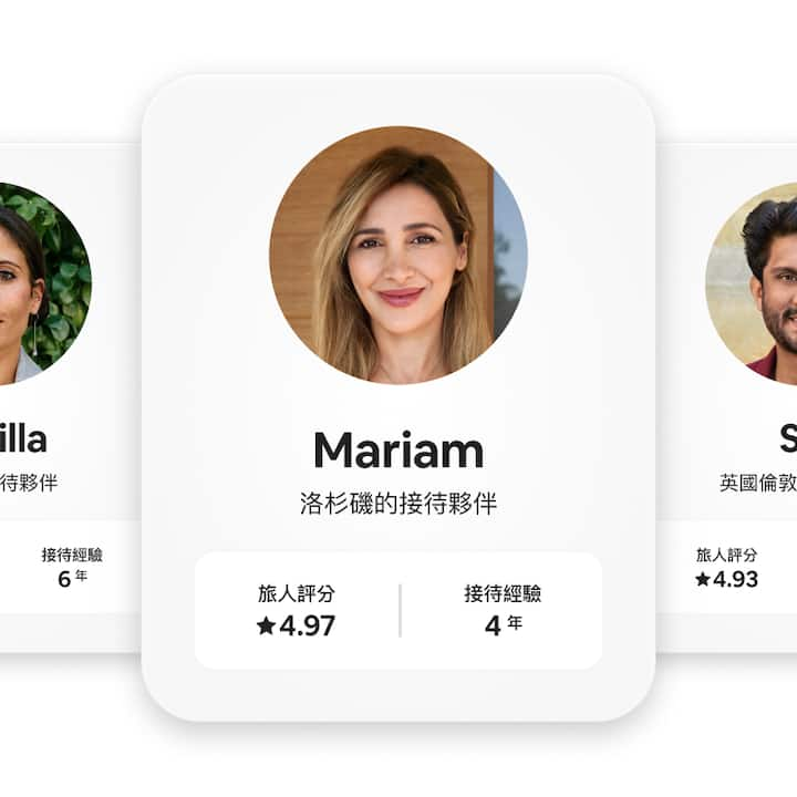 多個接待夥伴服務資料頁面，顯示各人的相片、姓名、位置、旅人評分及接待年資。