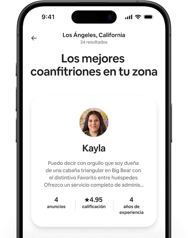Pantallas de Airbnb que muestran diferentes perfiles de coanfitriones que contienen una breve presentación, el número de anuncios en los que colaboran, la calificación de los huéspedes y los años que llevan hospedando.