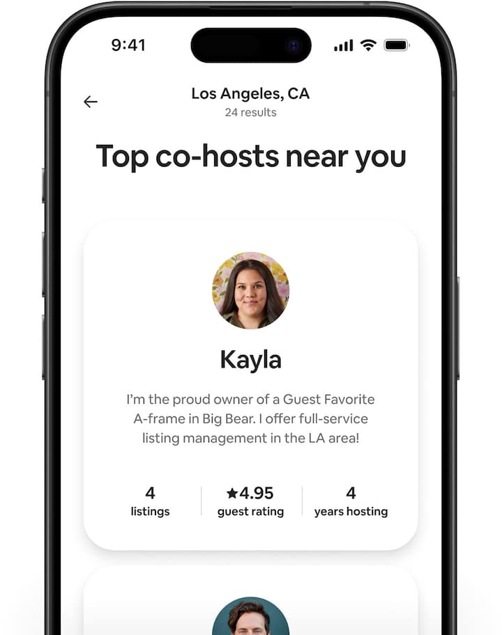 Airbnb screens showing different co-host profiles that contain a short statement, their number of listings, guest rating and number of years hosting.