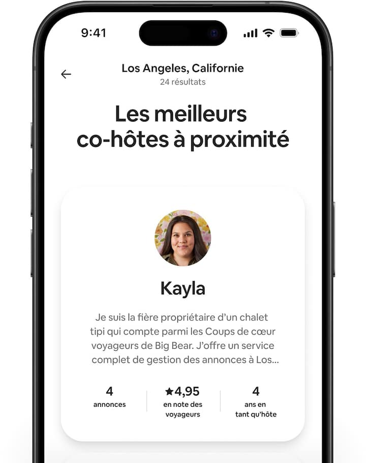 Des écrans Airbnb affichent différents profils de co-hôtes contenant une brève présentation, leur nombre d'annonces, l'évaluation des voyageurs et le nombre d'années d'expérience en tant qu'hôte.