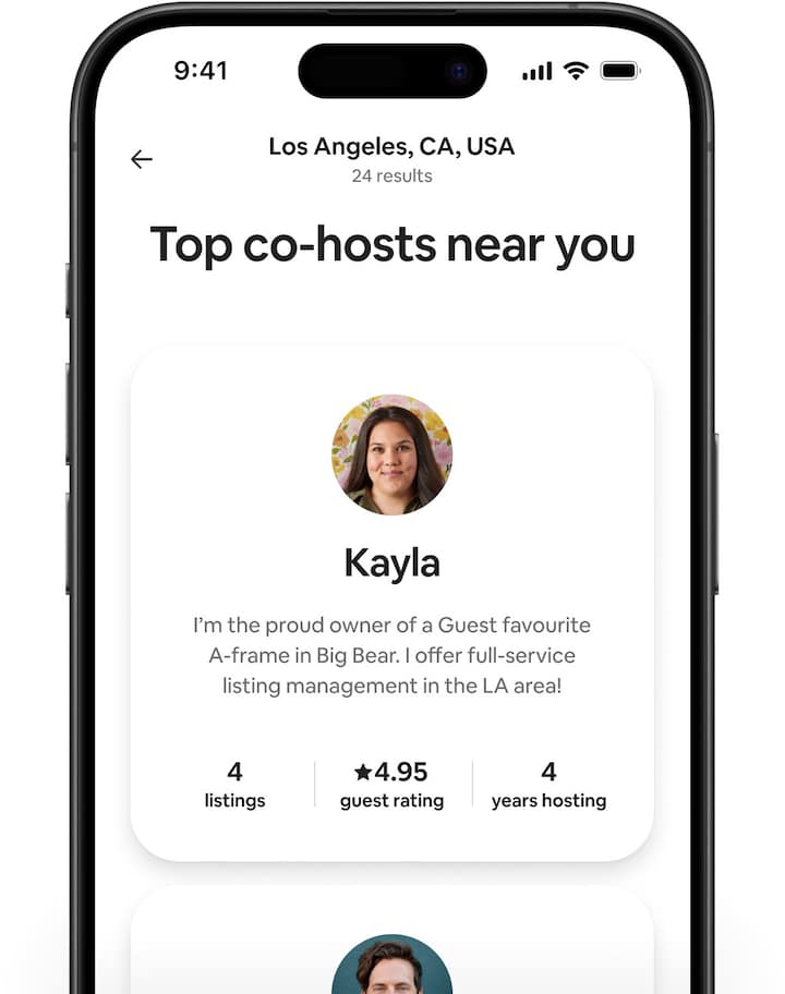 Airbnb screens showing different co-host profiles that contain a short statement, their number of listings, guest rating and number of years hosting.