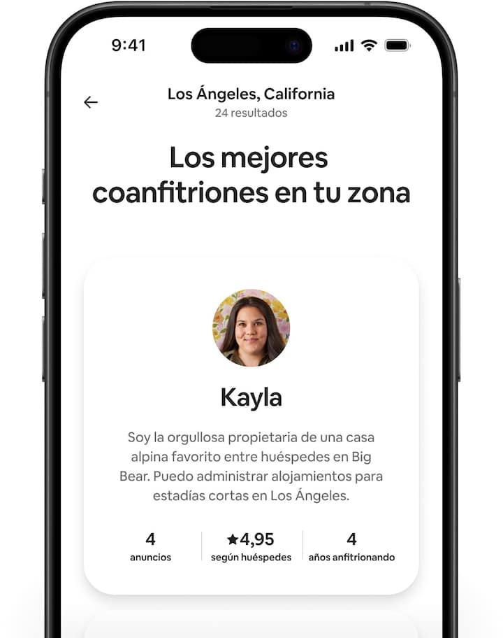 Pantallas de Airbnb que muestran diferentes perfiles de coanfitriones con un breve resumen, el número de anuncios, la valoración de los huéspedes y los años de experiencia como anfitrión.