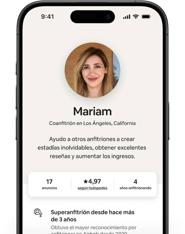 Pantallas de Airbnb que muestran diferentes perfiles de coanfitriones con un breve resumen, el número de anuncios, la valoración de los huéspedes y los años de experiencia como anfitrión.