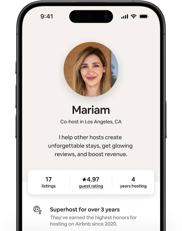 Airbnb screens showing different co-host profiles that contain a short statement, their number of listings, guest rating and number of years hosting.