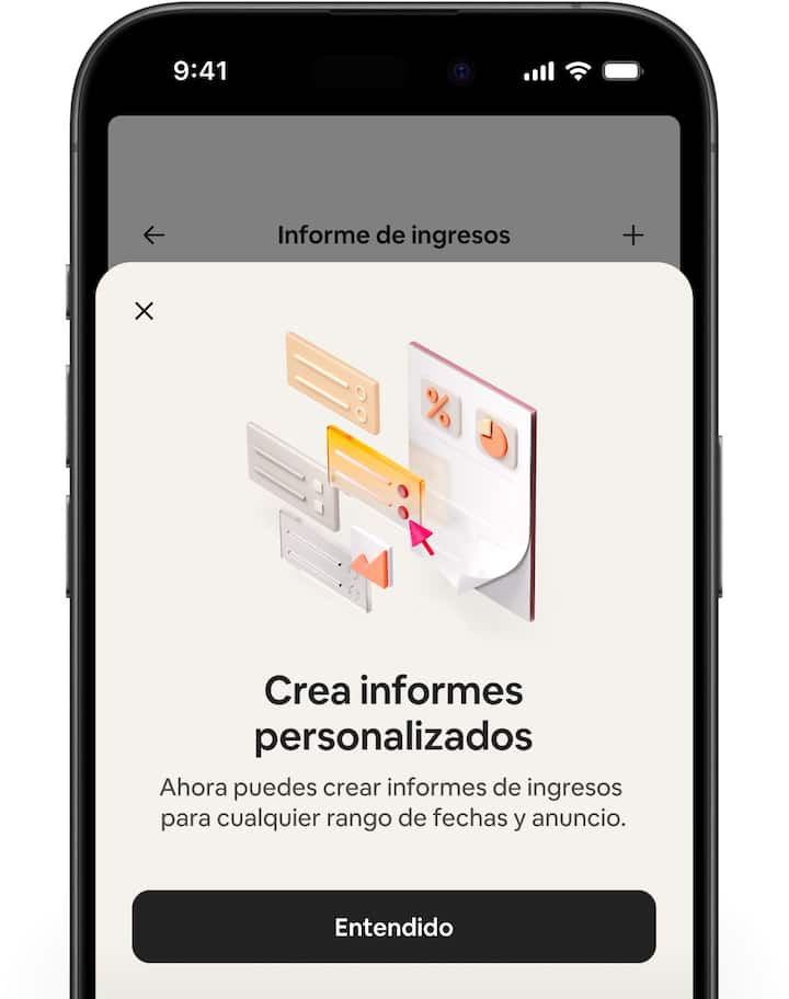 Pantallas de Airbnb que muestran el panel de ingresos y explican los pasos para crear un informe personalizado.