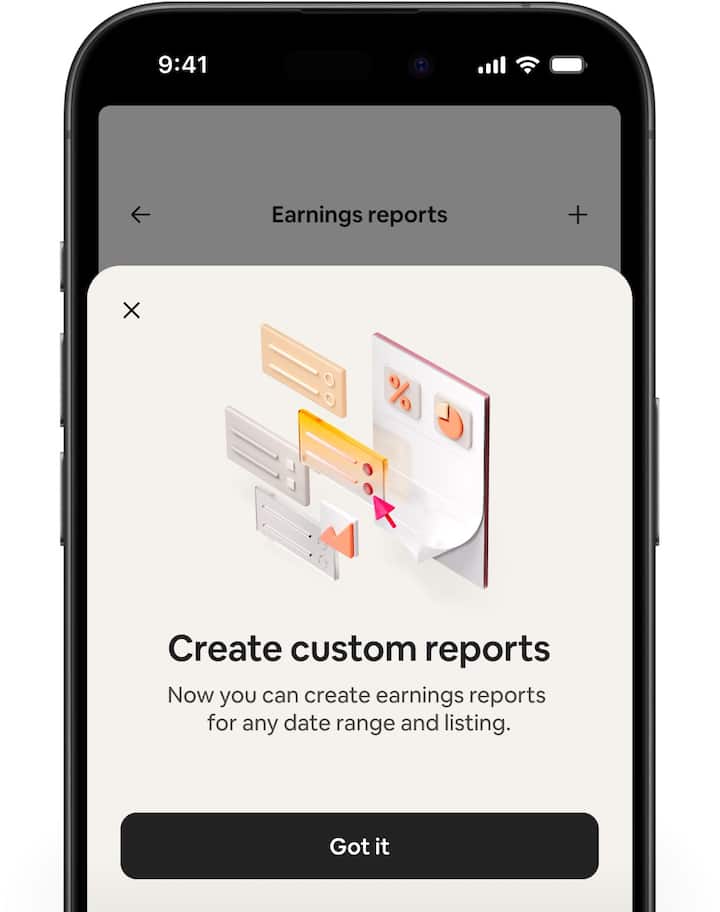 Airbnb screens showing the earnings dashboard and taking you through the steps to create a custom report.