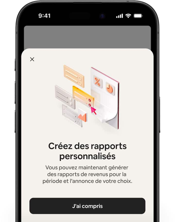 Des écrans Airbnb affichent le tableau de bord des revenus et guident les utilisateurs dans la création d'un rapport personnalisé.