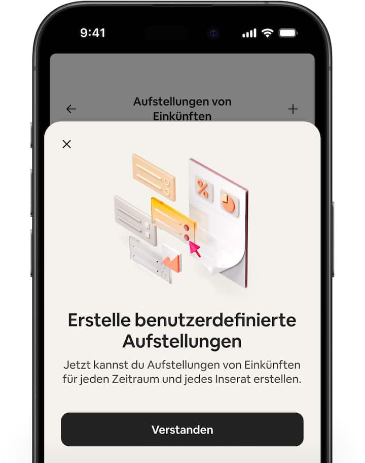 Bildschirme, auf denen die Airbnb-App geöffnet ist, zeigen das „Einkünfte“-Dashboard und führen dich durch die Schritte zur Erstellung einer benutzerdefinierten Aufstellung.