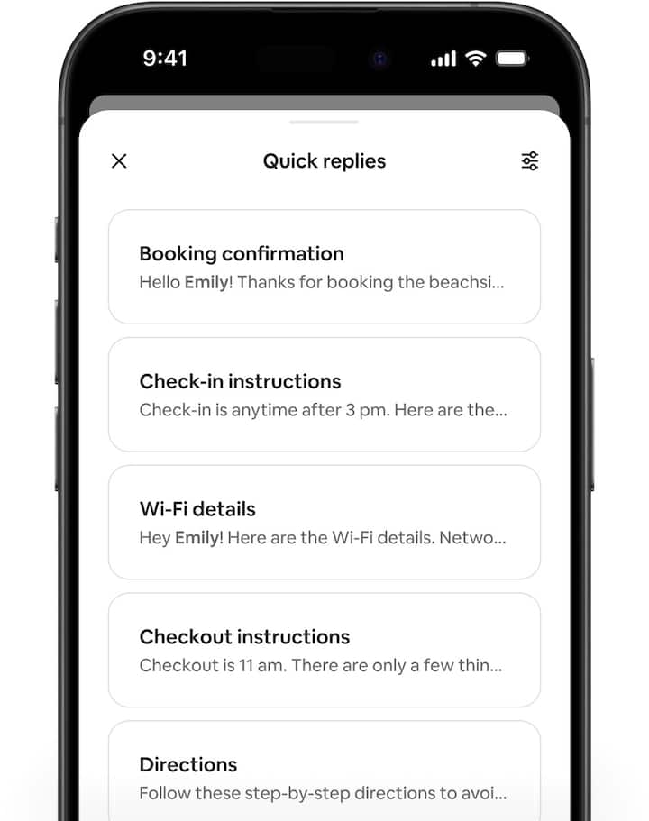 Airbnb screens showing a text conversation between a host and guest and featuring the new quick reply template options.