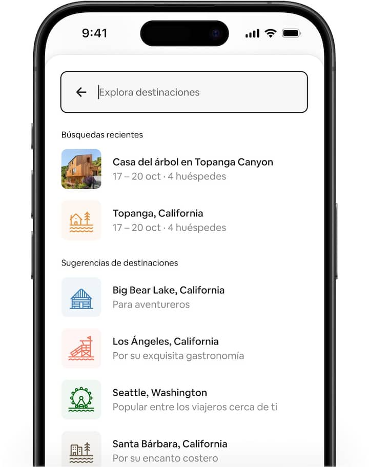 Pantallas de Airbnb que muestran el nuevo diseño de búsqueda y las destinaciones sugeridas, así como un mapa que muestra consejos de búsqueda y lugares de interés cercanos.