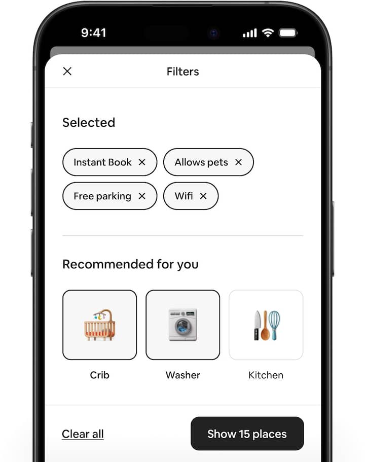 شاشات Airbnb تعرض تجربة استخدام عوامل التصفية المحدّثة وعوامل التصفية الجديدة المُوصى بها.