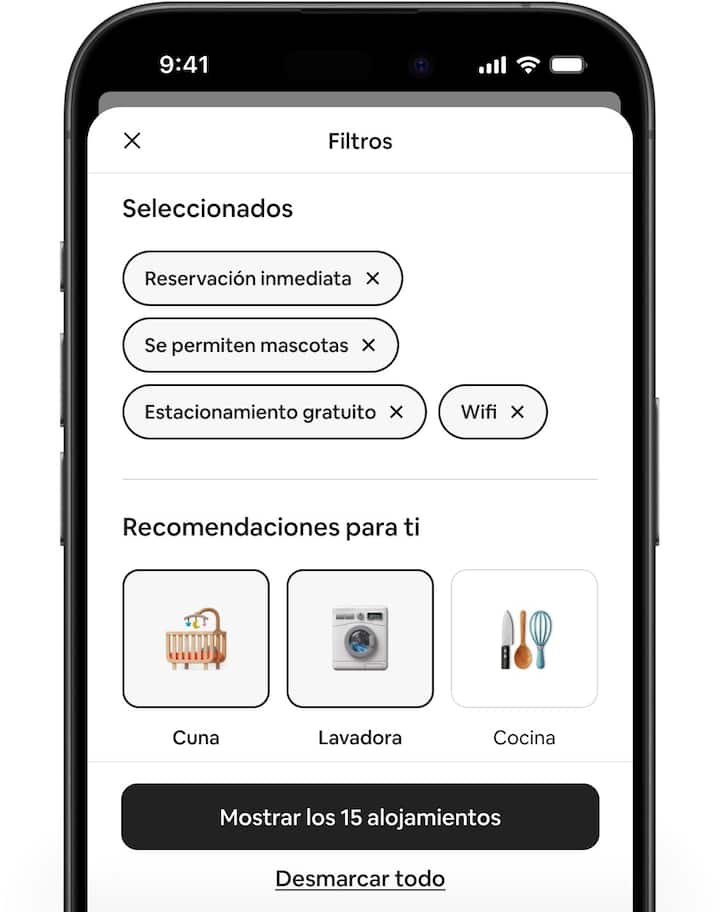 Las pantallas de Airbnb muestran las novedades en los filtros y los nuevos filtros recomendados.