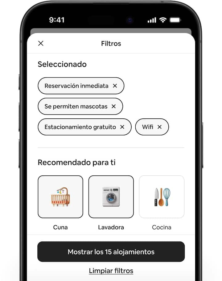 Pantallas de Airbnb que muestran las novedades en los filtros, junto con la nueva opción de filtros recomendados.