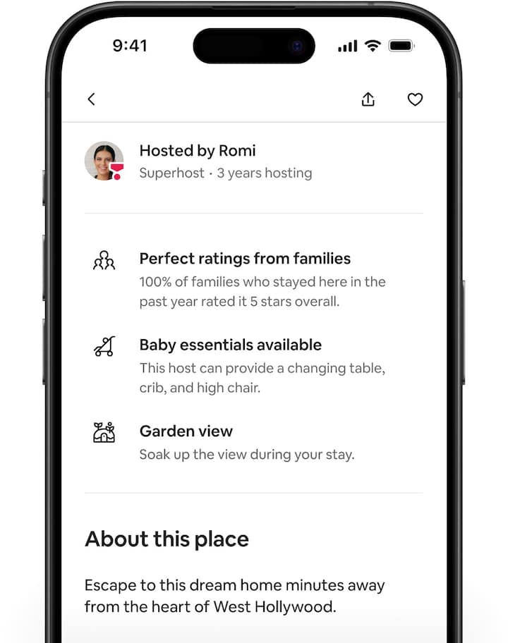 На екрані Airbnb відображається сторінка оголошення, яка прокручується донизу для перегляду персоналізованих переваг.