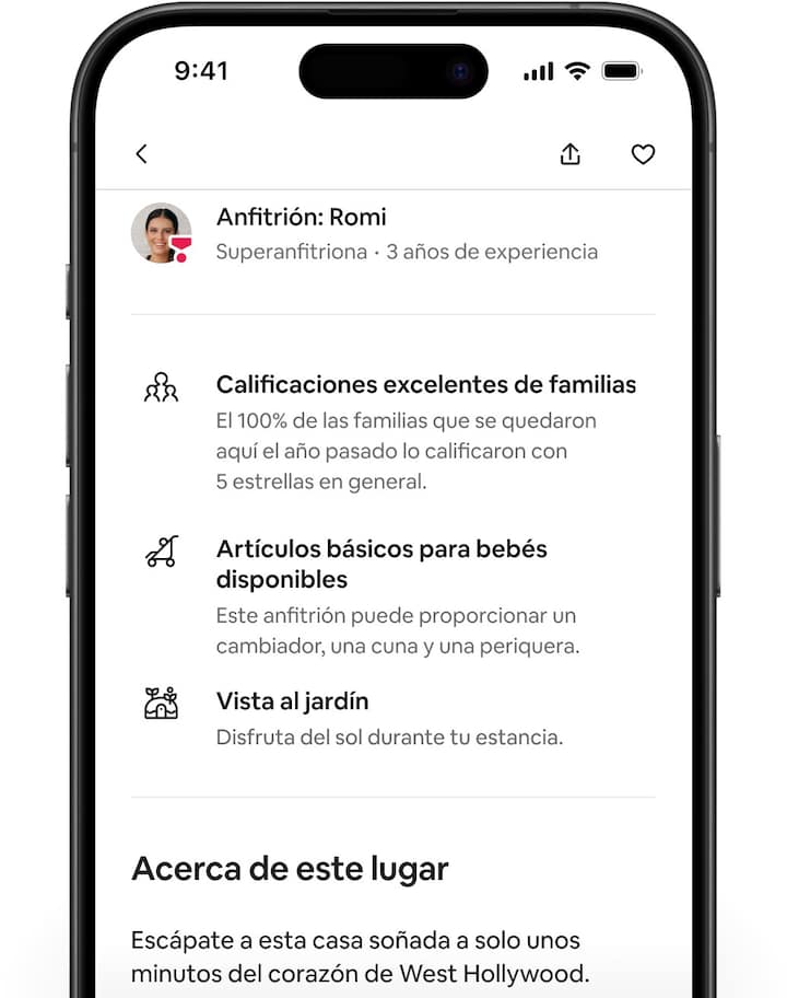 Las pantallas de Airbnb muestran la página de un anuncio y, a continuación, se desplazan hacia abajo para mostrar los nuevos aspectos destacados.