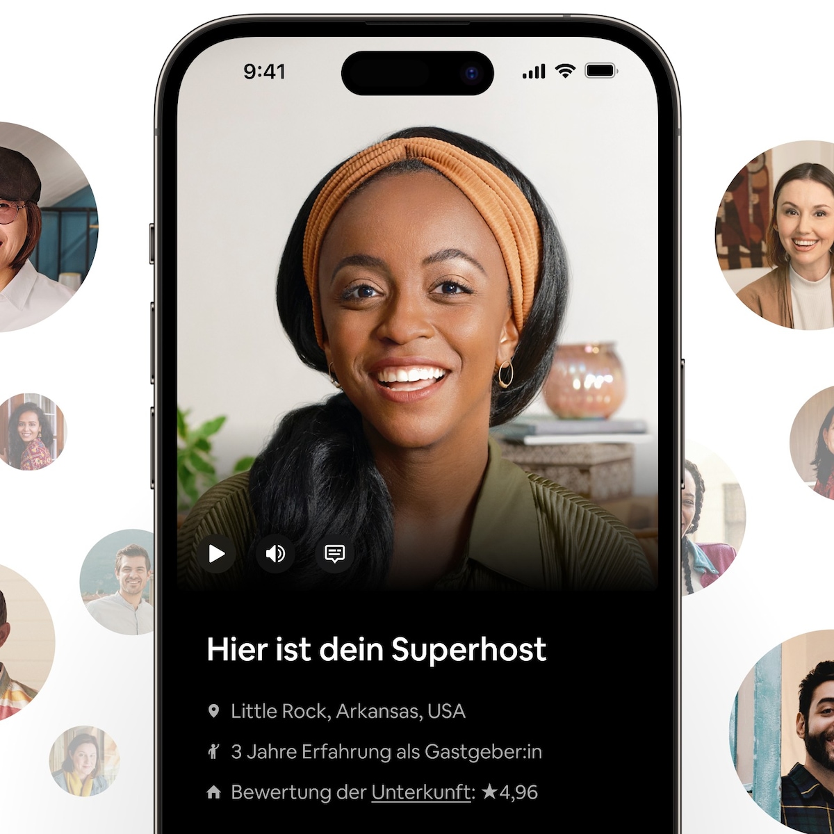 Eine lächelnde Superhost-Gastgeberin in der Airbnb-App. Der Text informiert uns darüber, dass ihr Name Myranda ist, dass sie drei Jahre Erfahrung als Gastgeberin in Little Rock hat und dass sie auf Airbnb mit 4,96 von 5 Sternen bewertet ist.