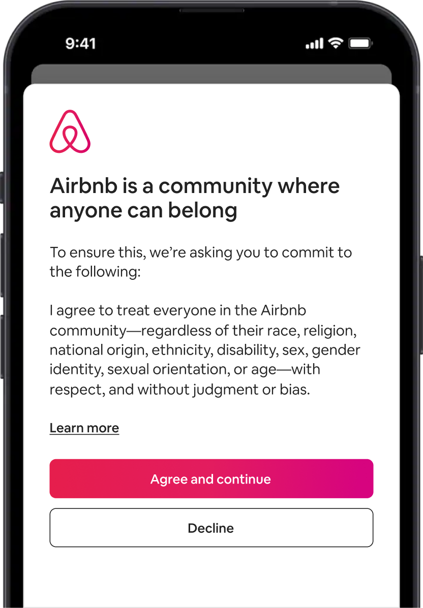 A phone screen shows the Airbnb Community Commitment.