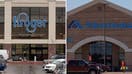 A split image of Kroger and Albertsons storefronts.