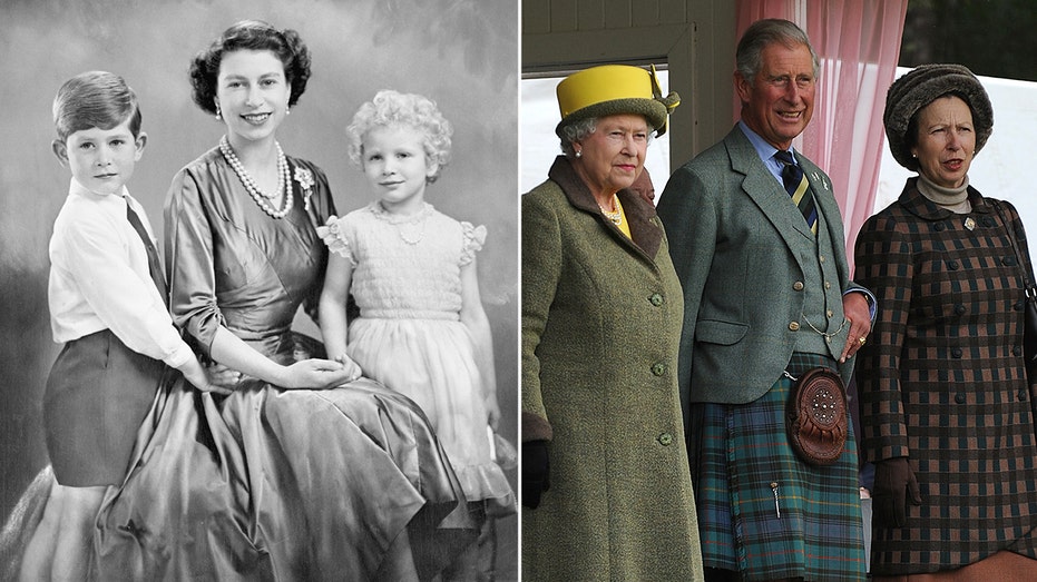 Side by side photos of Queen Elizabeth with King Charles and Princess Anne as children and adults