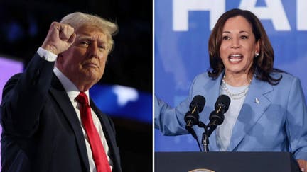 A split image of former President Trump and Vice President Kamala Harris.