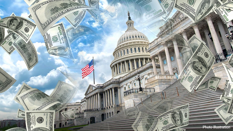 An image of money flying around the US Capitol