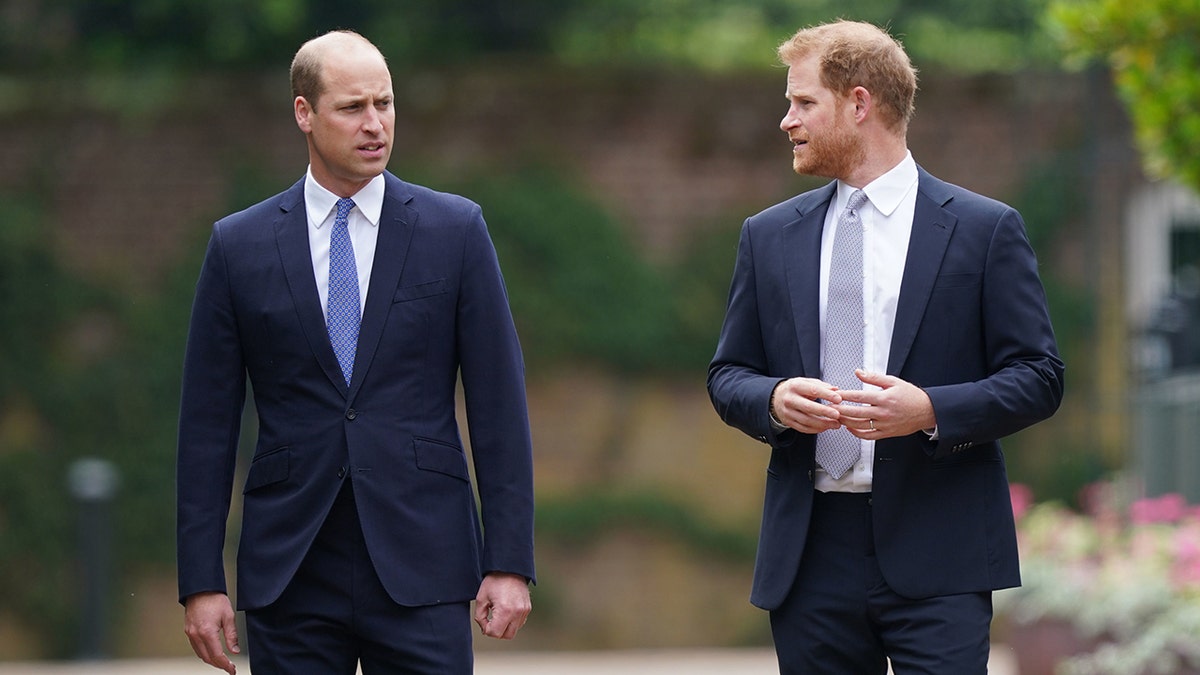 Prince William and Prince Harry in conversation wearing navy suits.