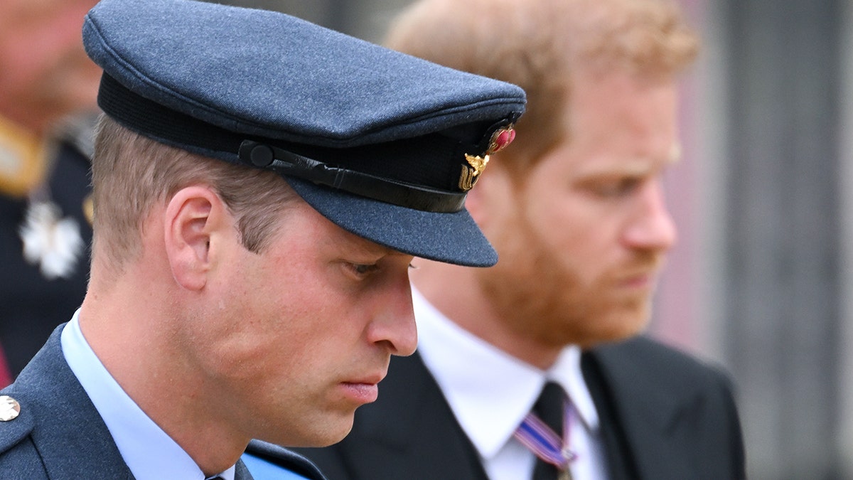 Prince William walking next to Prince Harry as they both look down in sadness.