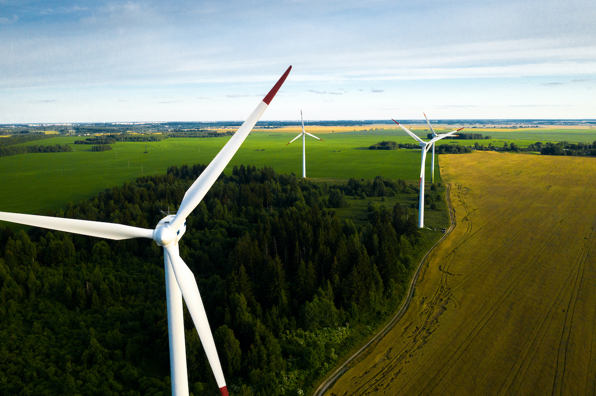 windmills in field of green grass