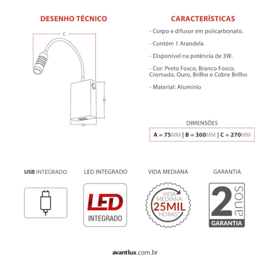 Arandela Lettura Branco Fosco Emissão De Luz Amarela Bivolt Avant 3w 2700k - Imagem principal - 30386d86-4e35-4869-9571-5ff30fa215ea