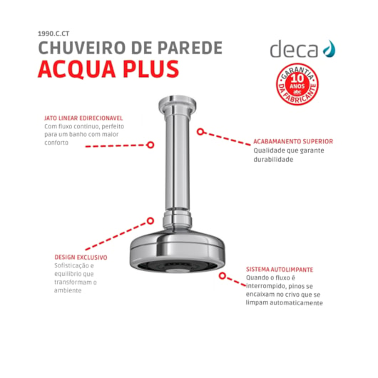 Chuveiro De Teto Redondo Acqua Plus Com Tubo Cromado Deca - Imagem principal - e2622376-9764-4954-94a2-8cd9dbc8e9c1