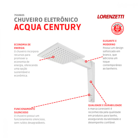 Chuveiro Eletrônico Acqua Century Branco 127V 5500W Lorenzetti - Imagem principal - 4f49f4bc-9c54-4c0d-892d-b1fe07c1f89e