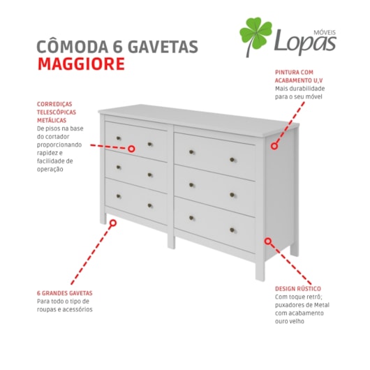 Cômoda Maggiore 6 Gavetas Branco Lopas - Imagem principal - faa76b12-303e-46df-95b2-1d22ba58f61d