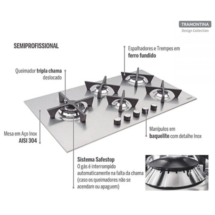 Cooktop a Gás Design Collection Penta Inox Flat 5 GX 90 em Aço Inox e Trempes em Ferro Fundido com Acendimento Automático e 5 Bocas Tramontina