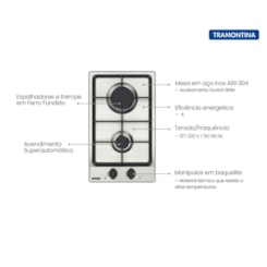 Cooktop a Gás Dominó FF 2GX 30 em Aço Inox com Trempes em Ferro Fundido e Acendimento superautomático 2 Queimadores Tramontina