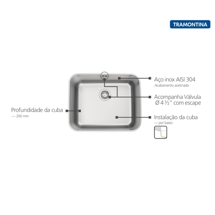 Cuba De Embutir Dora Aço Inox Acetinado Com Válvula e Escape Tramontina 50x40cm